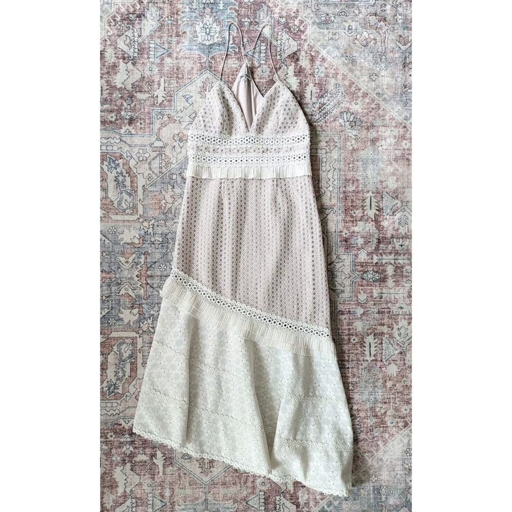 SAYLOR Cole Eyelet Midi Dress Fitted W Asymmetrical Ruffle Bottom, Plunge V Neck